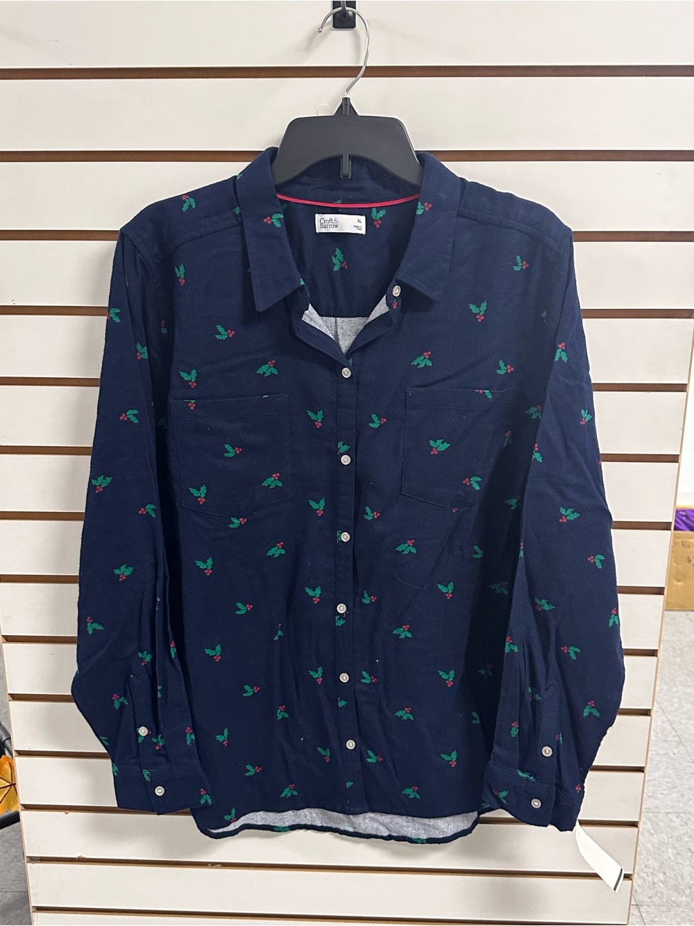 Croft & Barrow Women’s Navy Button-Down Shirt with Green & Red Print